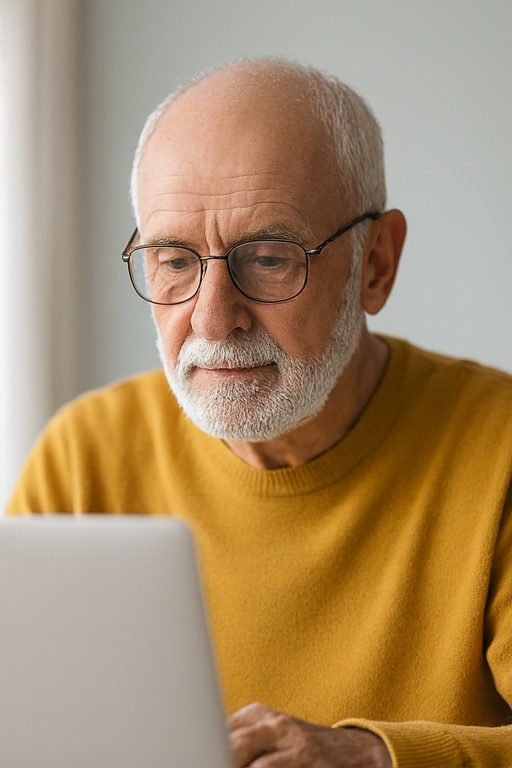 Older man booking rubbish removal online on his laptop